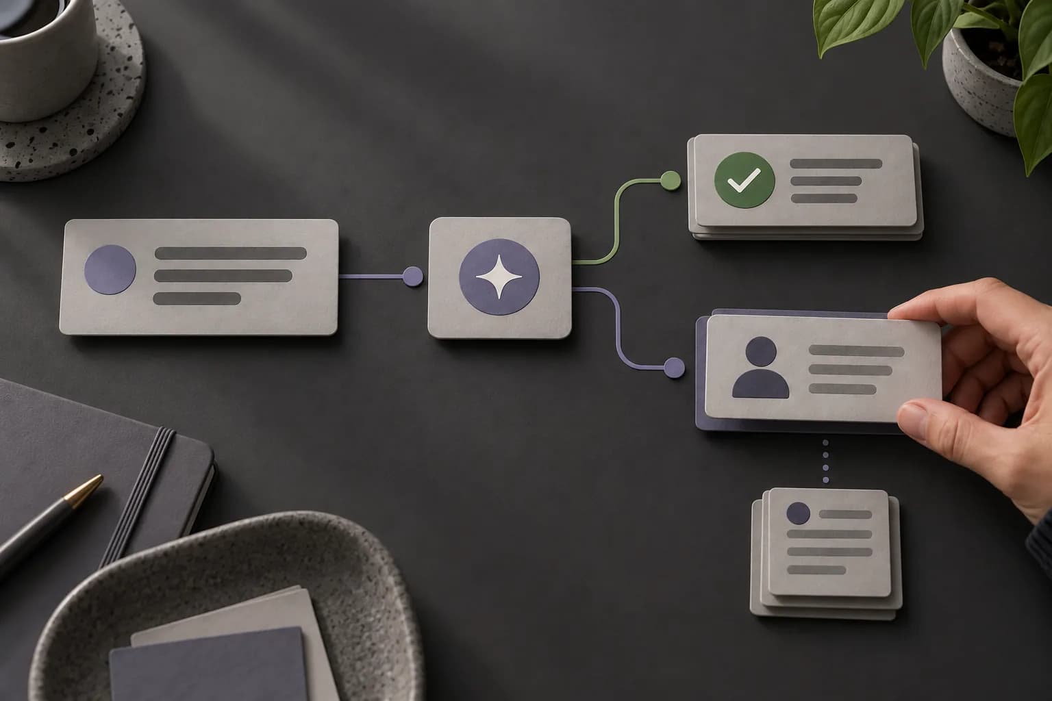 A customer message splitting between an automatic resolution and a human review card.