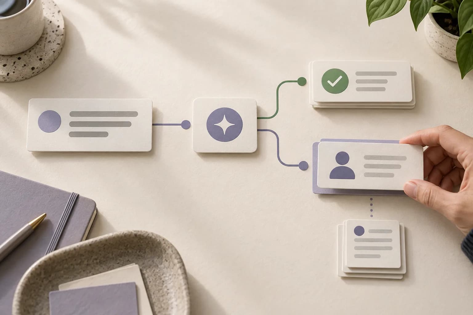 A customer message splitting between an automatic resolution and a human review card.