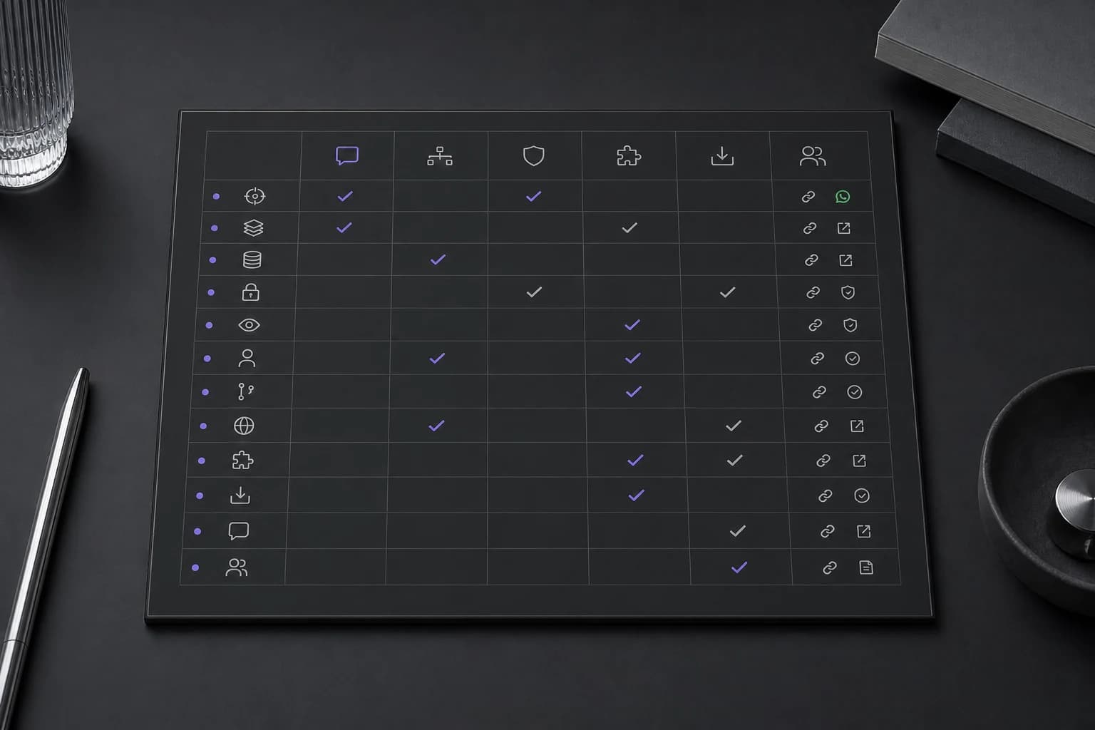 A messaging-platform assessment board inspected with a violet magnifying lens.