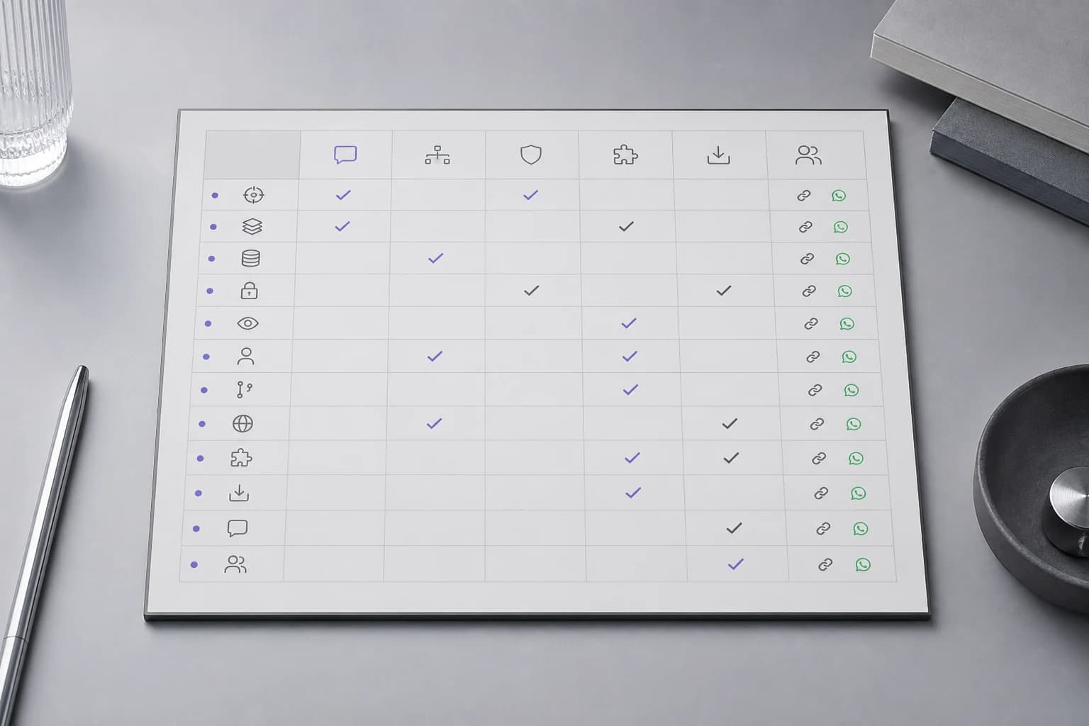 A messaging-platform assessment board inspected with a violet magnifying lens.