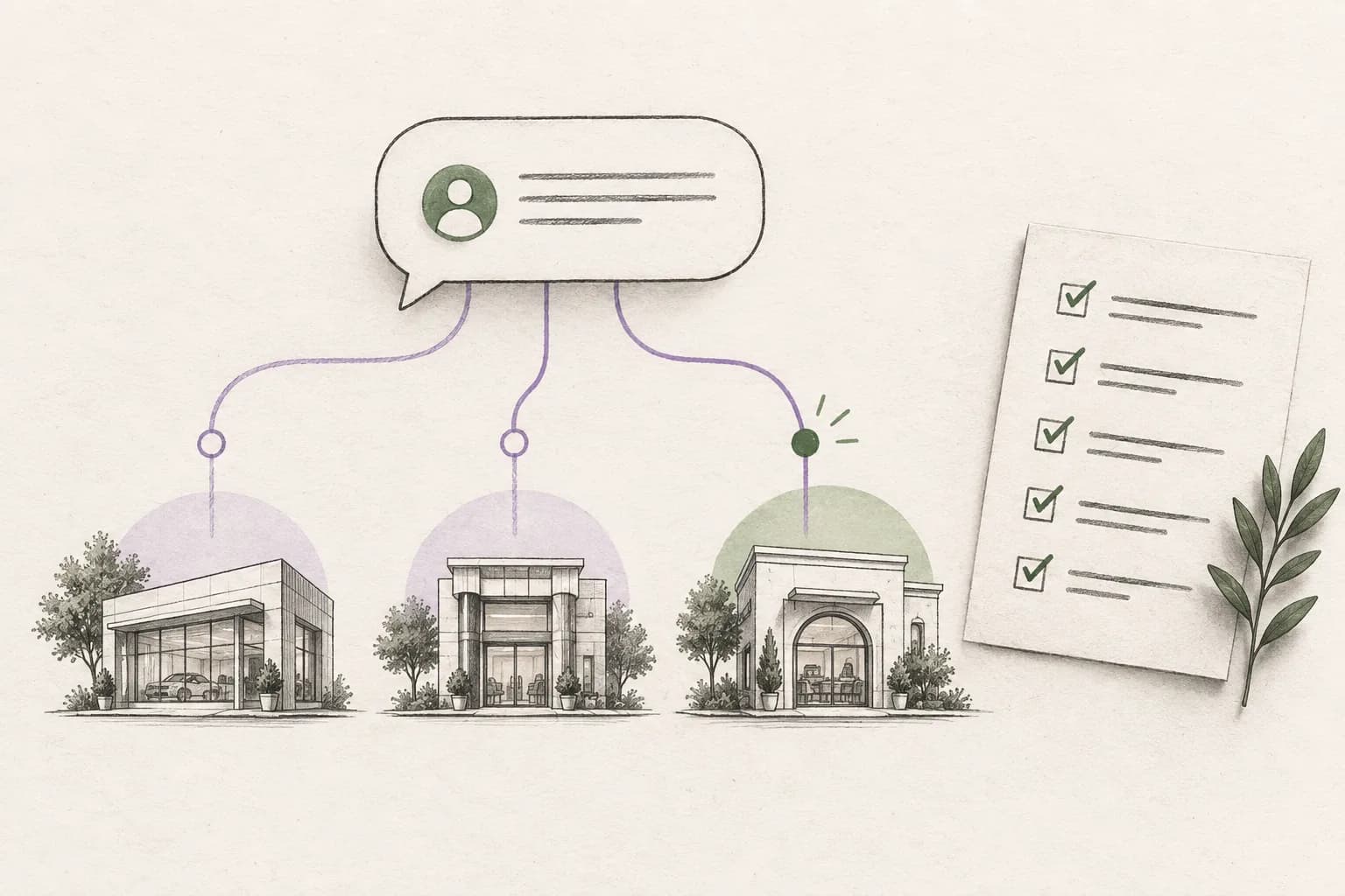 Editorial illustration of a customer message connected to three business branches beside a checklist.
