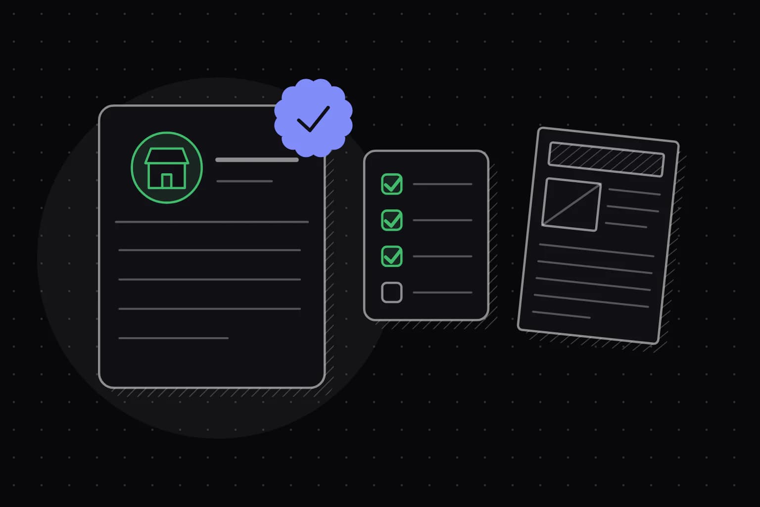 A business profile card with a verification seal, a checklist and a newspaper.