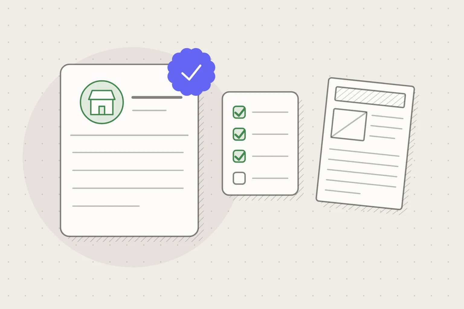 A business profile card with a verification seal, a checklist and a newspaper.