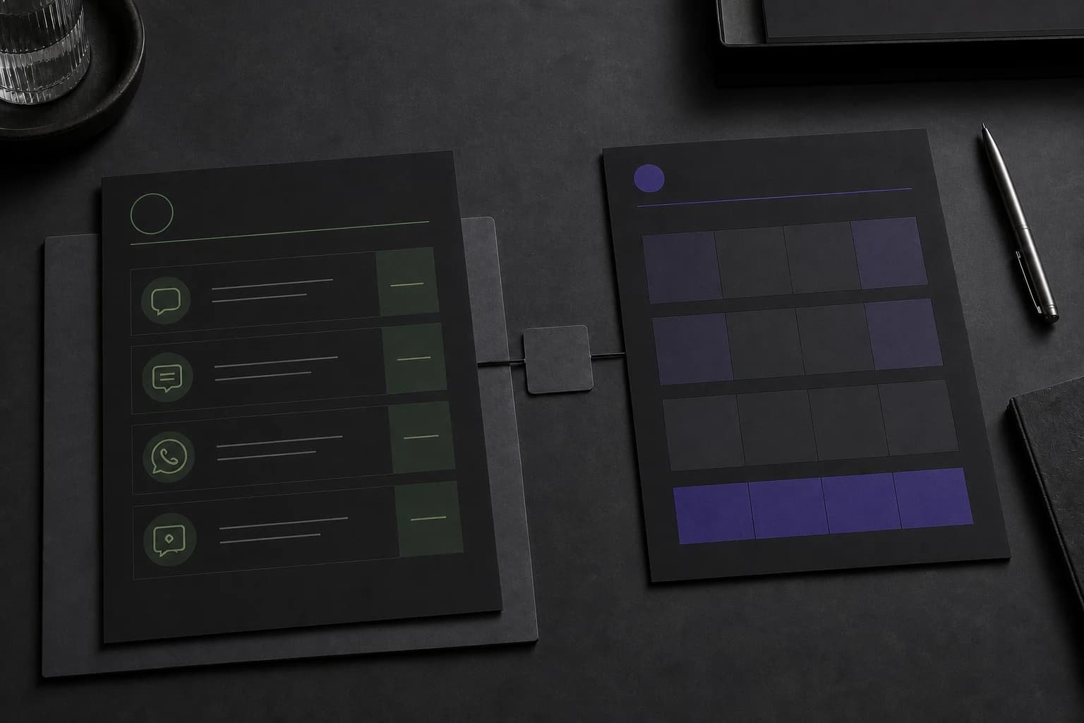Two receipts paired with a green message tile and a violet software module.
