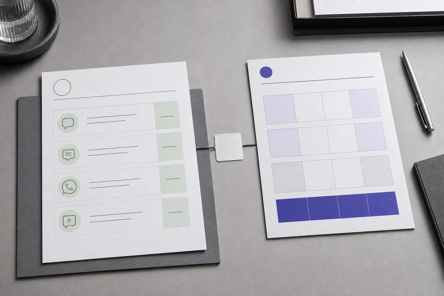 Two receipts paired with a green message tile and a violet software module.