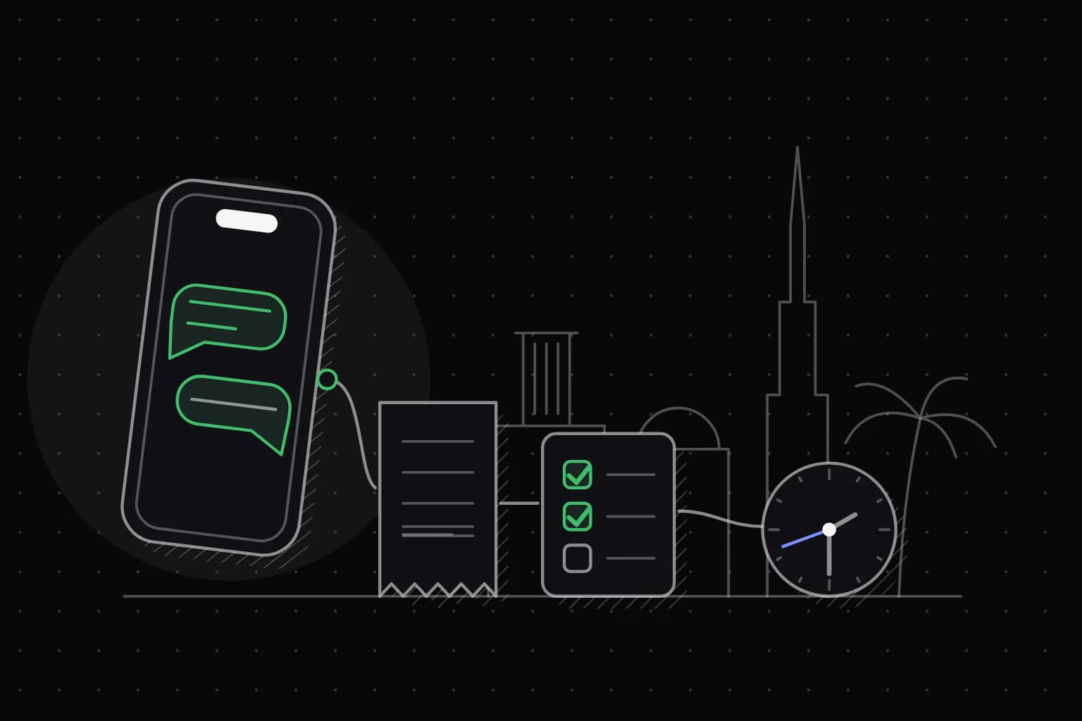 A business phone linked to a receipt, a checklist and a clock, before a Gulf skyline.