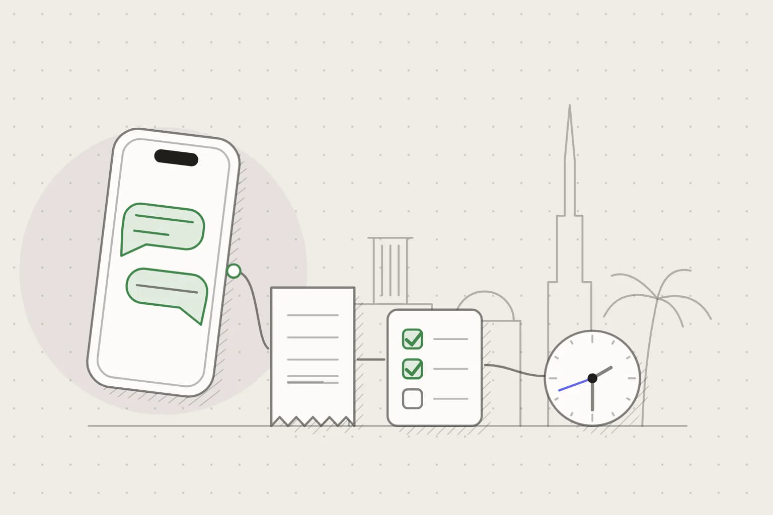 A business phone linked to a receipt, a checklist and a clock, before a Gulf skyline.