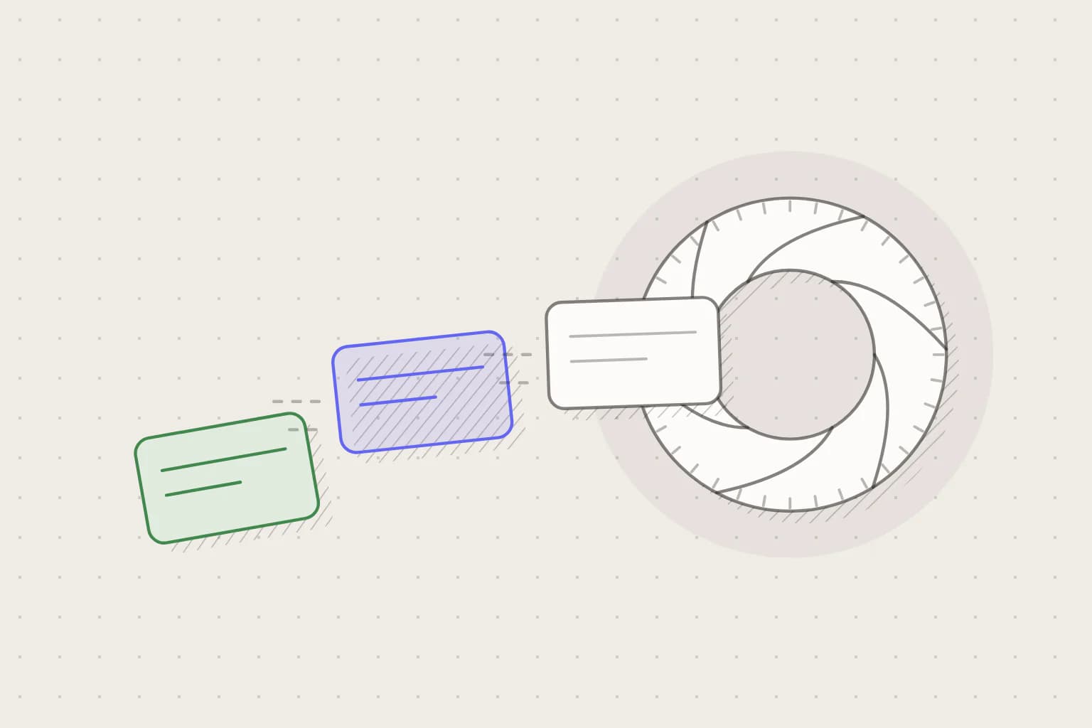 Three message cards passing through a round review aperture.