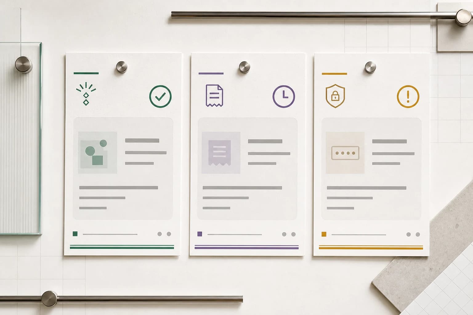 Three message cards moving through a circular review aperture.