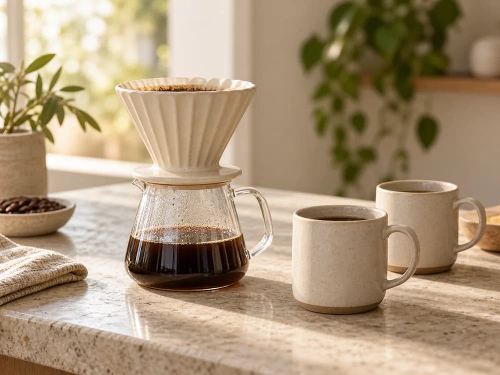 Freshly brewed coffee and ceramic cups