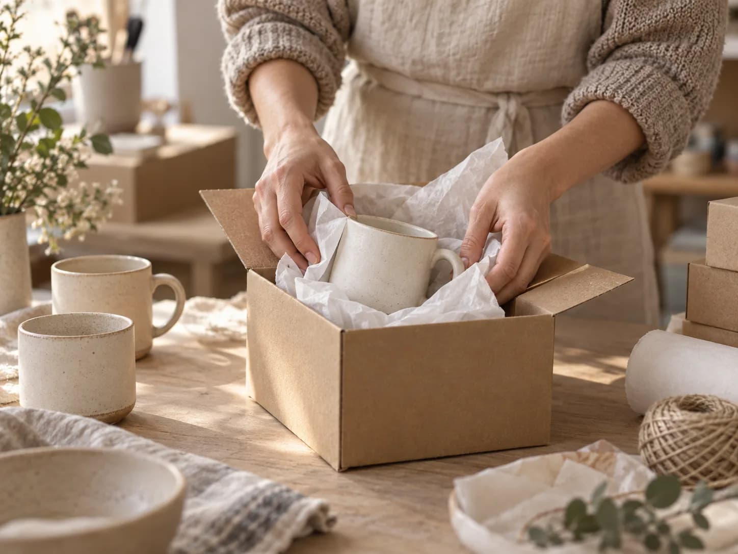 Hands carefully packing a ceramic mug for delivery