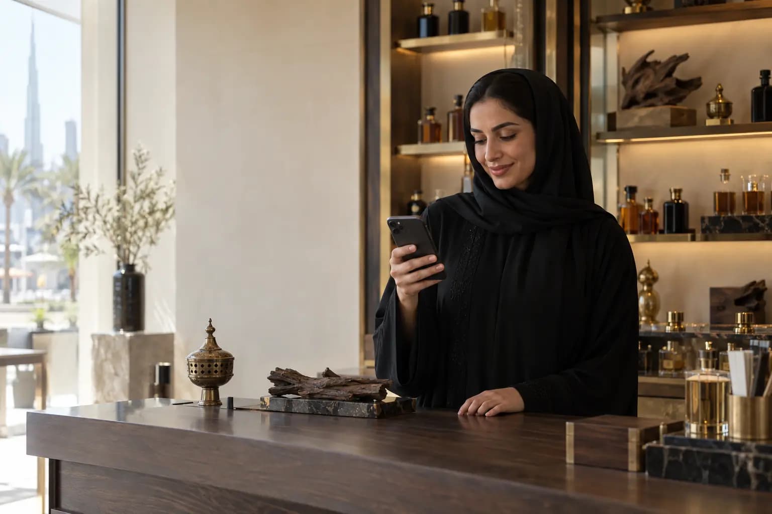 A perfume and oud shop owner smiling at a message on her phone