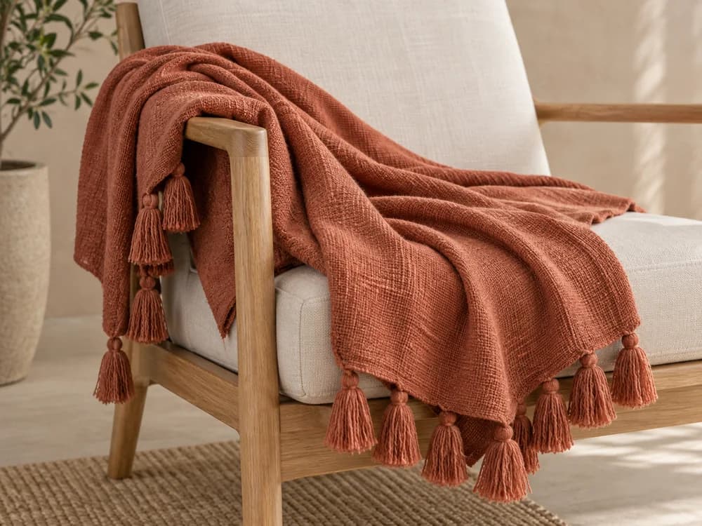 A terracotta cotton throw draped over a wooden chair
