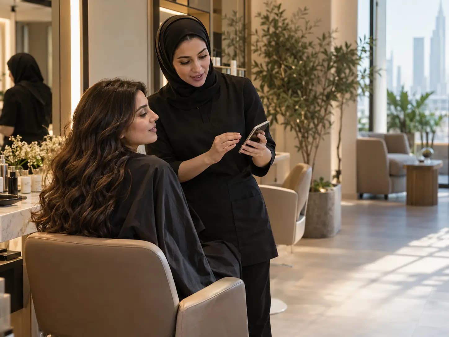 A stylist showing a client a booking on her phone in a Dubai salon