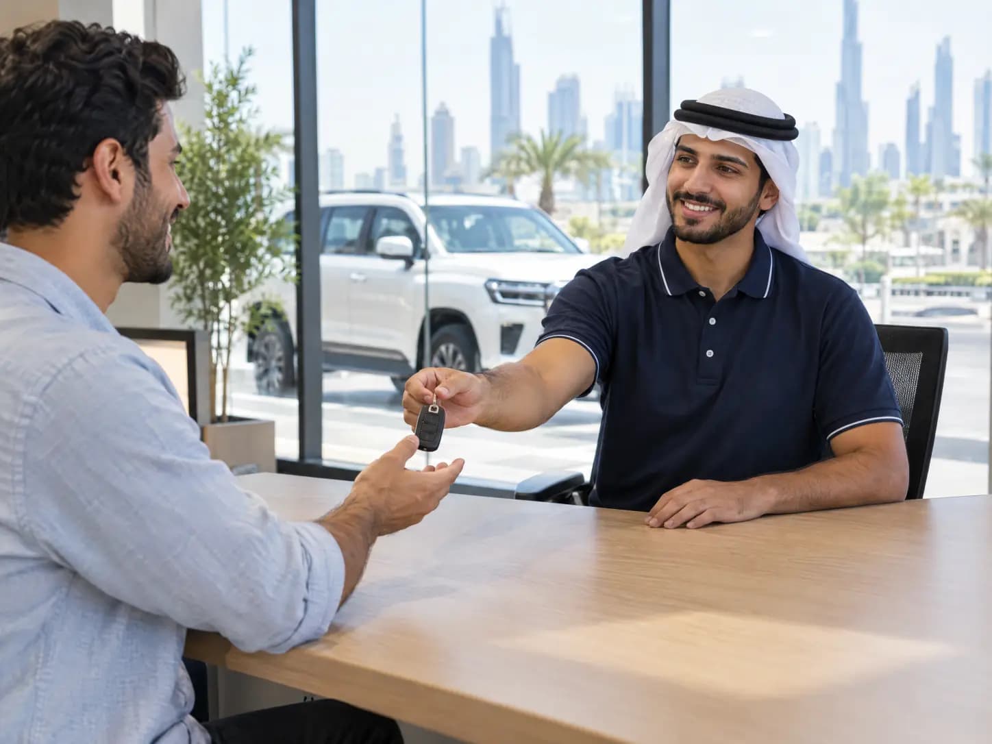 A rental agent handing car keys to a customer at a Dubai rent-a-car counter