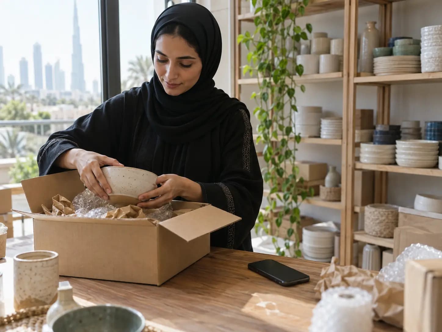 An online seller packing a ceramic order at her worktable in Dubai