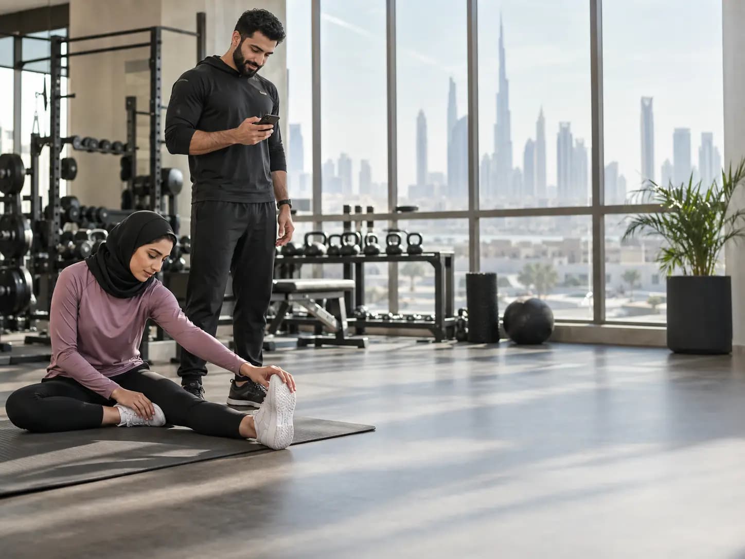 A personal trainer checking his phone while a member stretches in a Dubai gym