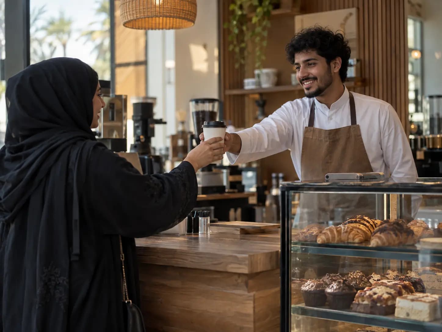 A café owner handing a takeaway coffee across the counter in Jeddah
