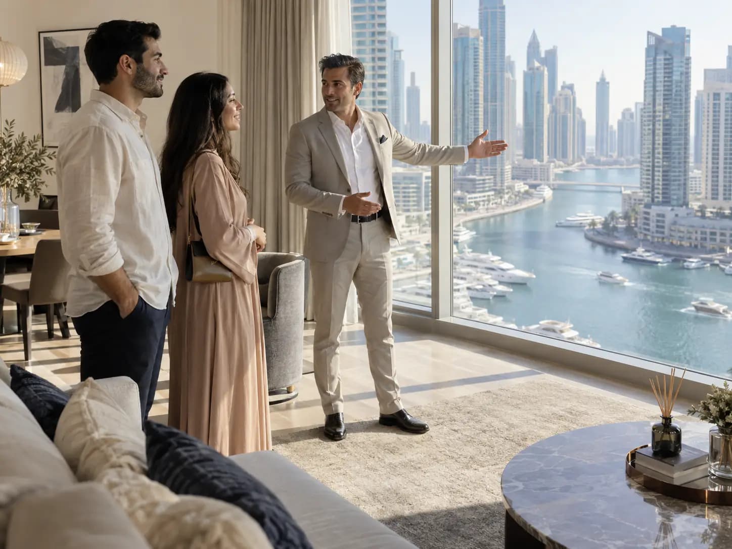 A property agent showing a young couple an apartment in Dubai Marina