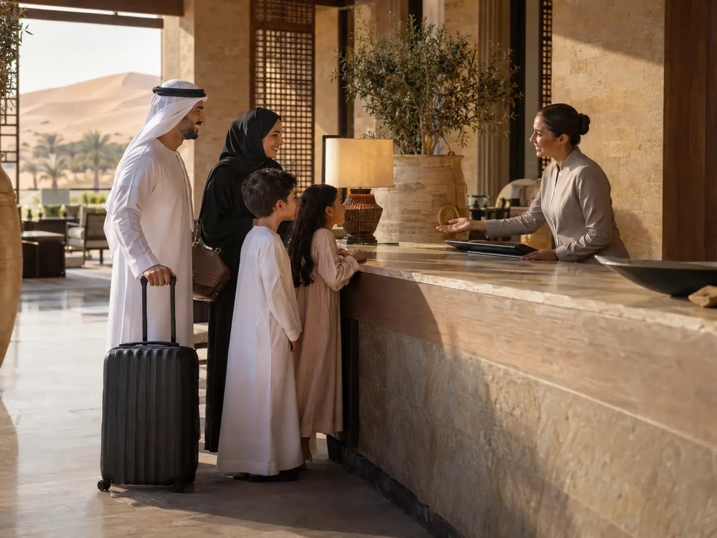 A concierge welcoming a family at a desert resort near Dubai