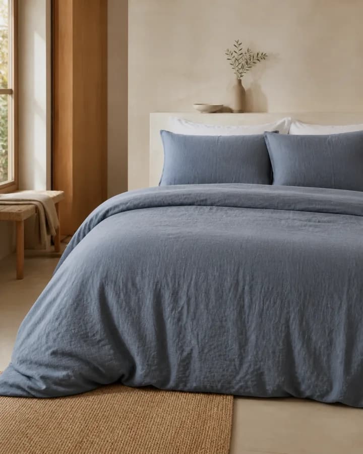 Slate blue linen bedding