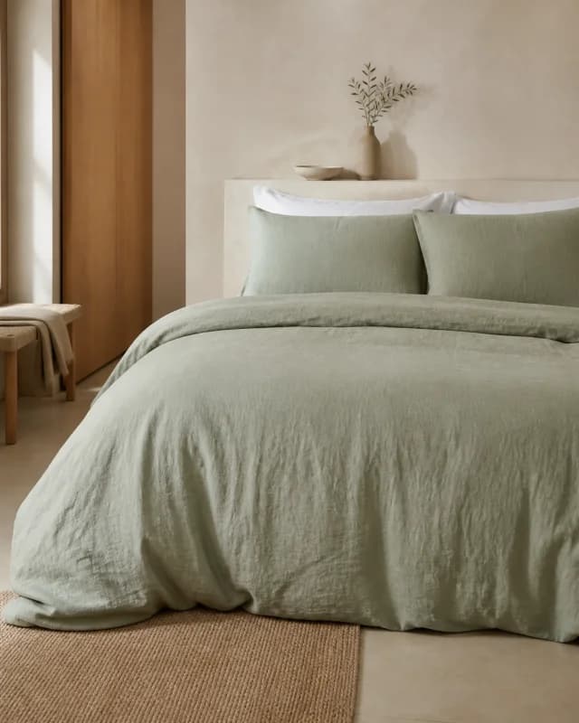 Sage green linen bedding
